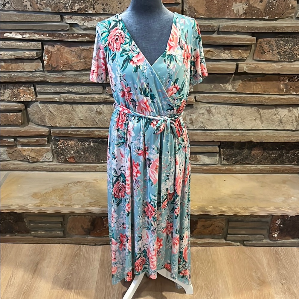 PinkBlush Light Blue Floral Wrap Dress Stretch Short Sleeve Nursing-Friendly